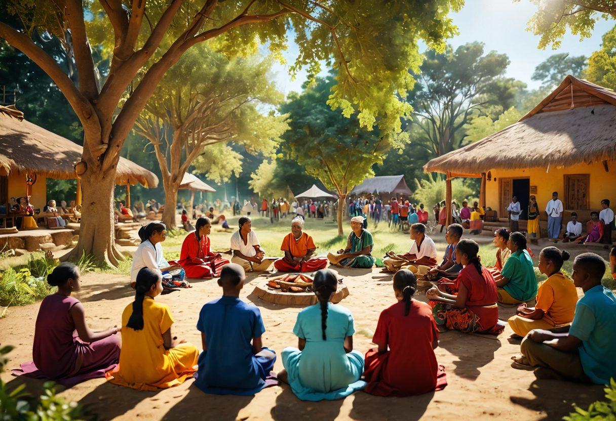 A serene community gathering, showcasing diverse individuals engaging in traditional Enolagay practices, surrounded by vibrant nature and cultural symbols. The scene reflects unity and harmony, with various activities representing community bonding, such as sharing food, storytelling, and dancing. Warm sunlight filters through lush trees, creating a peaceful ambiance. super-realistic. vibrant colors. soft focus.