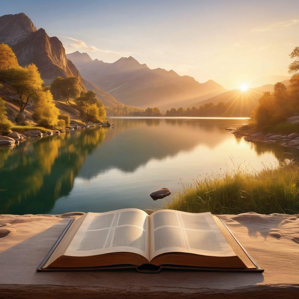 A serene landscape depicting a calm lake surrounded by mountains at sunrise, symbolizing tranquility and reflection. In the foreground, an open book with ancient philosophical texts and cultural artifacts scattered around, representing exploration and knowledge. Soft golden light illuminating the scene to evoke a sense of enlightenment and cultural significance. tranquil. vibrant colors. super-realistic.