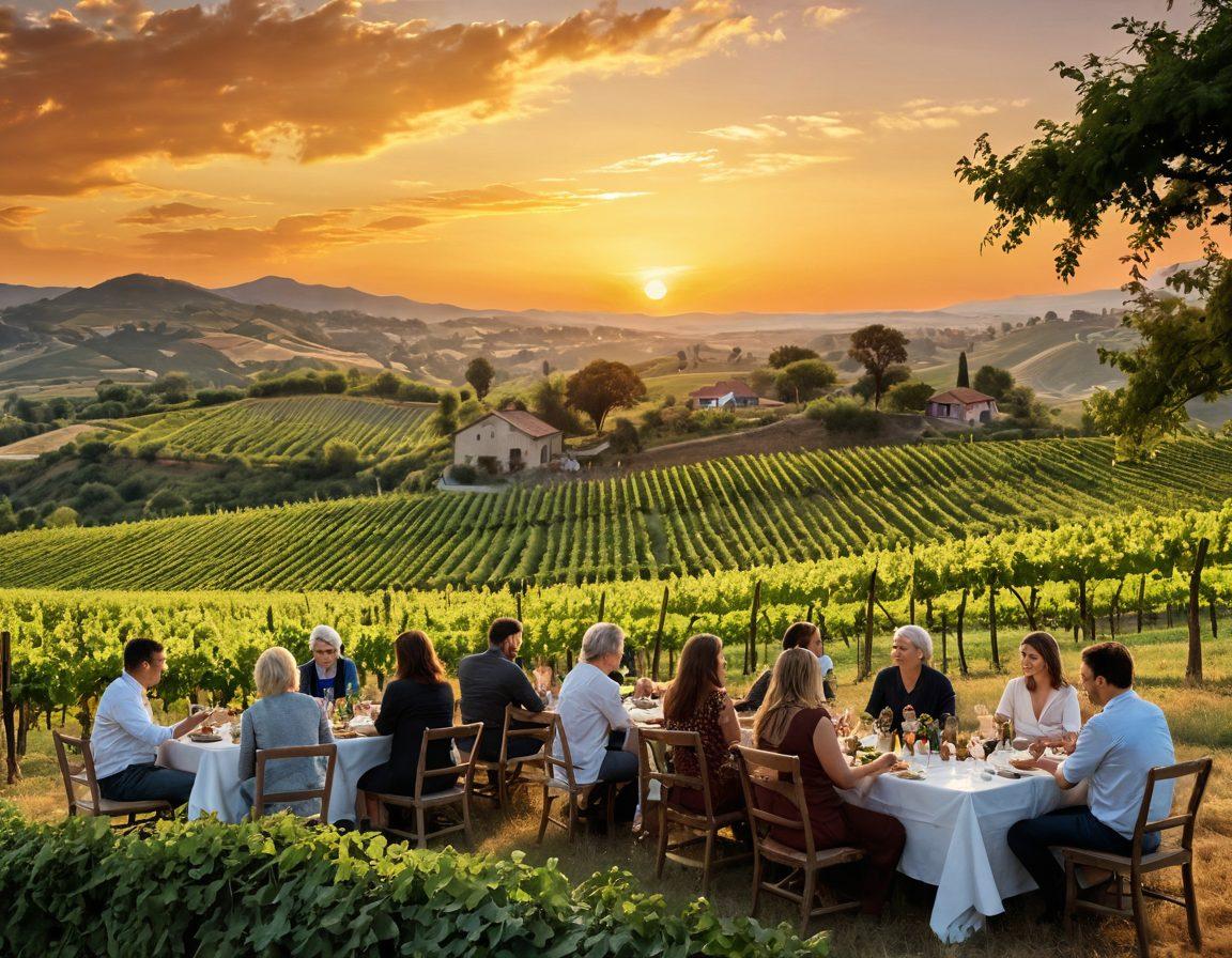 A serene landscape showcasing vineyards under a golden sunset, symbolizing growth and harmony. In the foreground, a diverse group of people sharing a meal, embodying community and togetherness. Delicate hints of ancient symbols and modern designs in the sky, representing the blend of tradition and innovation. Lush greenery surrounding the scene, illustrating a connection to nature. Artistic style: super-realistic. warm colors. calm atmosphere.